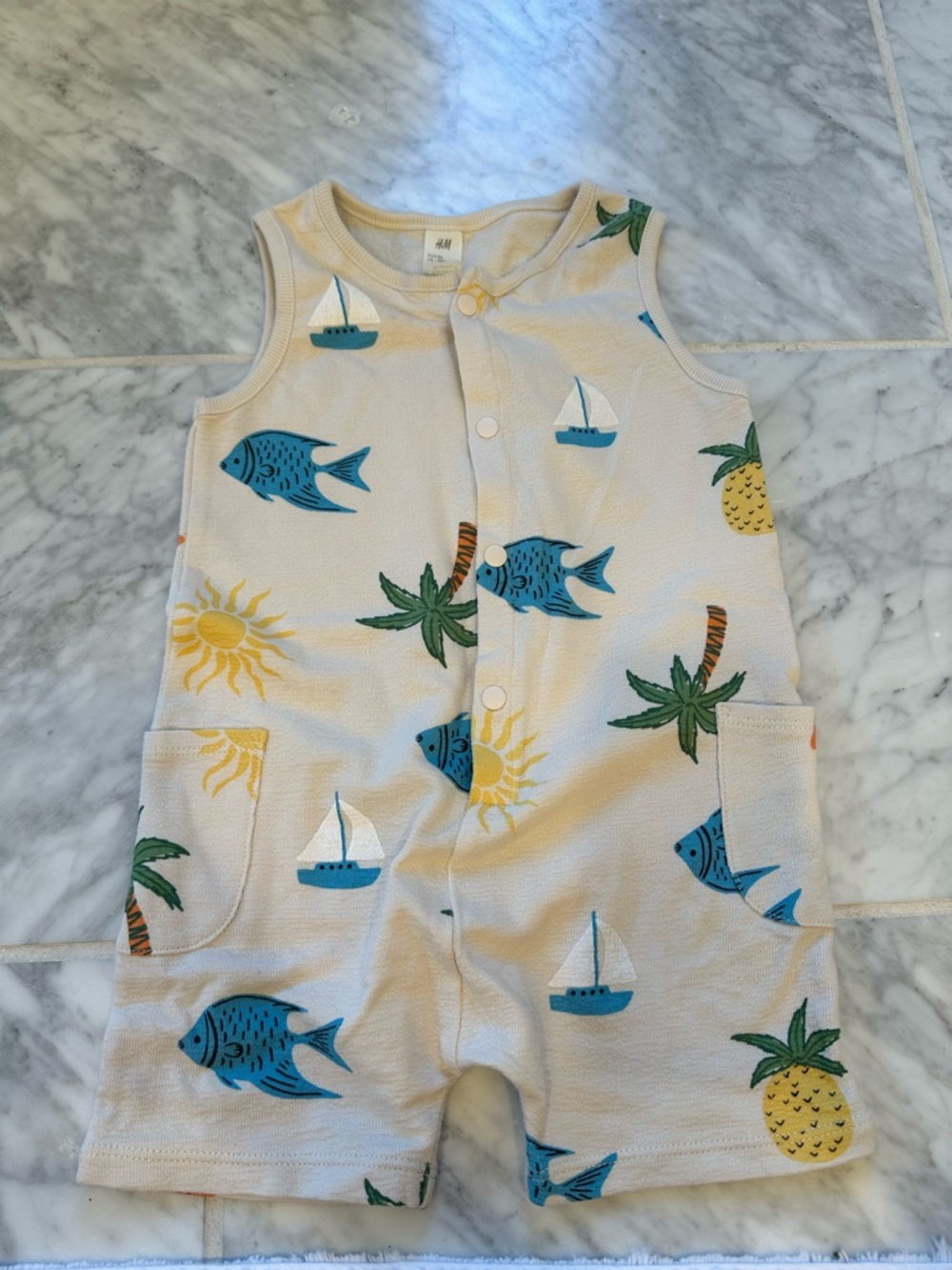 H&M Cream Baby Romper with Blue Fish & Tropical Prints